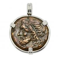 Greek 261-240 BC, Poseidon and Trident tetras in 14k white gold pendant.