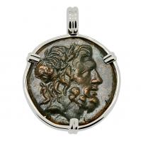 Greek 95-70 BC, Zeus and Eagle bronze coin in 14k white gold pendant.