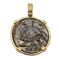 Roman Empire AD 330-336, She-Wolf Suckling Twins nummus in 14k gold pendant. 
