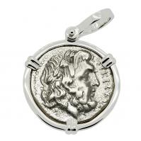 Greek 232-168 BC, Zeus and Eagle drachm in 14k white gold pendant.