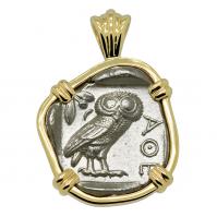 Greek 454-404 BC, Owl and Athena tetradrachm in 14k gold pendant.