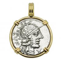 Roman Republic 122 BC, Roma and Dioscuri denarius in 14k gold pendant. 