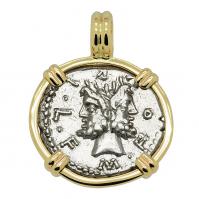 Roman Republic 120 BC, Janus and Roma denarius in 14k gold pendant.
