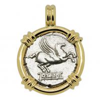 Roman Republic 90 BC, Pegasus and Mutnius Titinus denarius in 14k gold pendant.