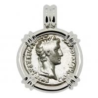 Roman Empire 2 BC - AD 4, Emperor Caesar Augustus denarius in 14k white gold pendant.
