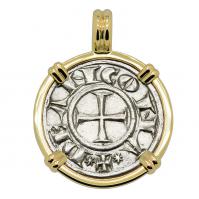 Ancona 1280-1320, Cross Pattee and Saint Judas Cyriacus grosso agontano in 14k gold pendant.