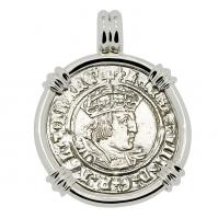 English King Henry VIII, 1526-1544 groat in 14k white gold pendant.