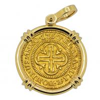 Portuguese King Joseph I 2000 Reis dated 1752 in 14k gold pendant.