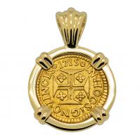 Portuguese King John V 400 Reis dated 1719 in 14k gold pendant.