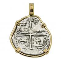 Colonial Spanish Peru one real 1616-1617 in 14k gold pendant.