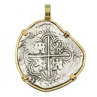 Spanish King Philip II two reales dated 1593 in 14k gold pendant.