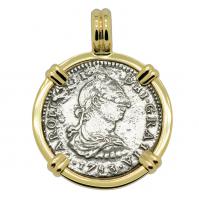 Spanish 1 real dated 1783 in 14k gold pendant, The 1784 Shipwreck that Changed America.