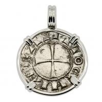 Antioch 1163-1188, Crusader Cross denier in 14k white gold pendant.