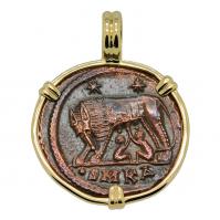 Roman Empire AD 330-336, She-Wolf Suckling Twins nummus in 14k gold pendant. 
