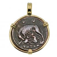 Roman Empire AD 330-336, She-Wolf Suckling Twins nummus in 14k gold pendant. 
