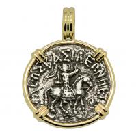 Greek 35-12 BC, King Azes II on horseback and Athena drachm in 14k gold pendant.

