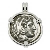 Greek 325-323 BC Lifetime Issue, Alexander the Great tetradrachm in 14k white gold pendant.