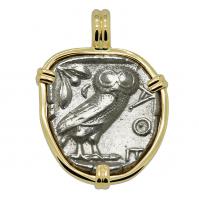 Greek 454-404 BC, Owl and Athena tetradrachm in 14k gold pendant.