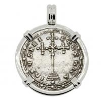 Byzantine 945-959, Constantine VII Cross Miliaresion in 14k white gold pendant.