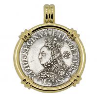 English Queen Elizabeth I sixpence dated 1562 in 14k gold pendant.