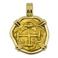 Colonial Spanish 2 escudos Doubloon 1642-1663 in 18k gold pendant.