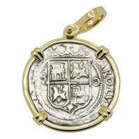 Colonial Spanish Mexico 1554-1571, Johanna and Charles I one real in 14k gold pendant.