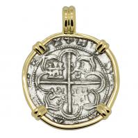 Spanish King Philip II one real 1566-1590 in 14k gold pendant.
