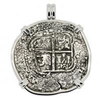 Spanish 8 reales dated 1654, in 14k white gold pendant, 1654 Shipwreck Chanduy, Ecuador. 