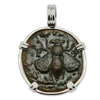 Greek Ephesus 202-133 BC, Bee and Stag bronze coin in 14k white gold pendant.