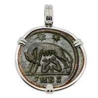 Roman Empire AD 330-336, She-Wolf Suckling Twins nummus in 14k white gold pendant. 
