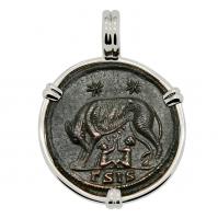 Roman Empire AD 330-336, She-Wolf Suckling Twins nummus in 14k white gold pendant. 
