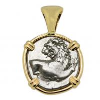 Greek 386-338 BC, lion hemidrachm in 14k gold pendant.