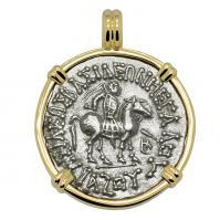 Greek 57-35 BC, King Azes I on horseback and Goddess Athena tetradrachm in 14k gold pendant.

