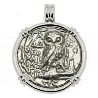 Greek Athens 99-98 BC, Owl and Athena tetradrachm in 14k white gold pendant.
