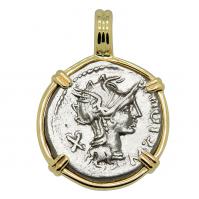 Roman Republic 115-114 BC, Roma and Victory chariot denarius in 14k gold pendant. 
