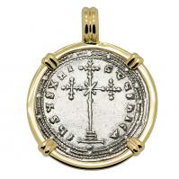 Byzantine 945-959, Constantine VII Cross Miliaresion in 14k gold pendant.