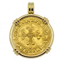 French 1515-1547, Ecu d'or Golden Shield in 14k gold pendant.