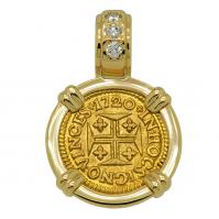 Portuguese King John V 400 Reis dated 1720 in 14k gold pendant with diamonds.