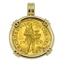 Dutch Ducat dated 1729 in 14k gold pendant, 1735 Dutch East Indiaman Shipwreck, Zealand. 