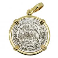 Dutch 6 stuivers ship shilling dated 1678 in 14k gold pendant.
