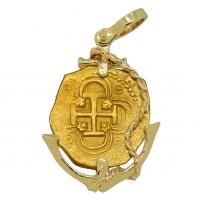 Spanish 2 escudos Doubloon 1598-1613 in 14k gold anchor pendant.