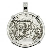 Colonial Spanish Mexico 1554-1571, Johanna and Charles I one real in 14k white gold pendant.