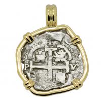 Colonial Spanish Peru, King Charles II one real dated 1683 in 14k gold pendant.