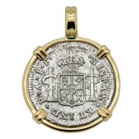 Spanish 1/2 real dated 1783 in 14k gold pendant, The 1784 Shipwreck that Changed America.