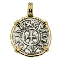 Italian 1139-1252, Crusader Cross denaro in 14k gold pendant.