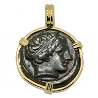 Greek 359-336 BC, King Philip II Apollo and Horseman bronze coin in 14k gold pendant.