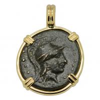 Greek 180-85 BC, Athena bronze coin in 14k gold pendant.