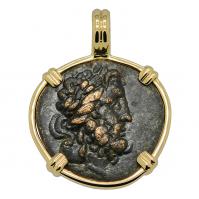 Greek 160-110 BC, God of Medicine Asclepius bronze coin in 14k gold pendant.