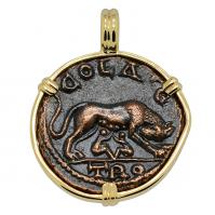 Roman Empire AD 250-268, She-Wolf Suckling Twins and Tyche coin in 14k gold pendant. 