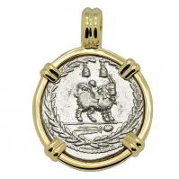 Roman Republic 85 BC, Cupid riding goat and god Apollo denarius in 14k gold pendant.